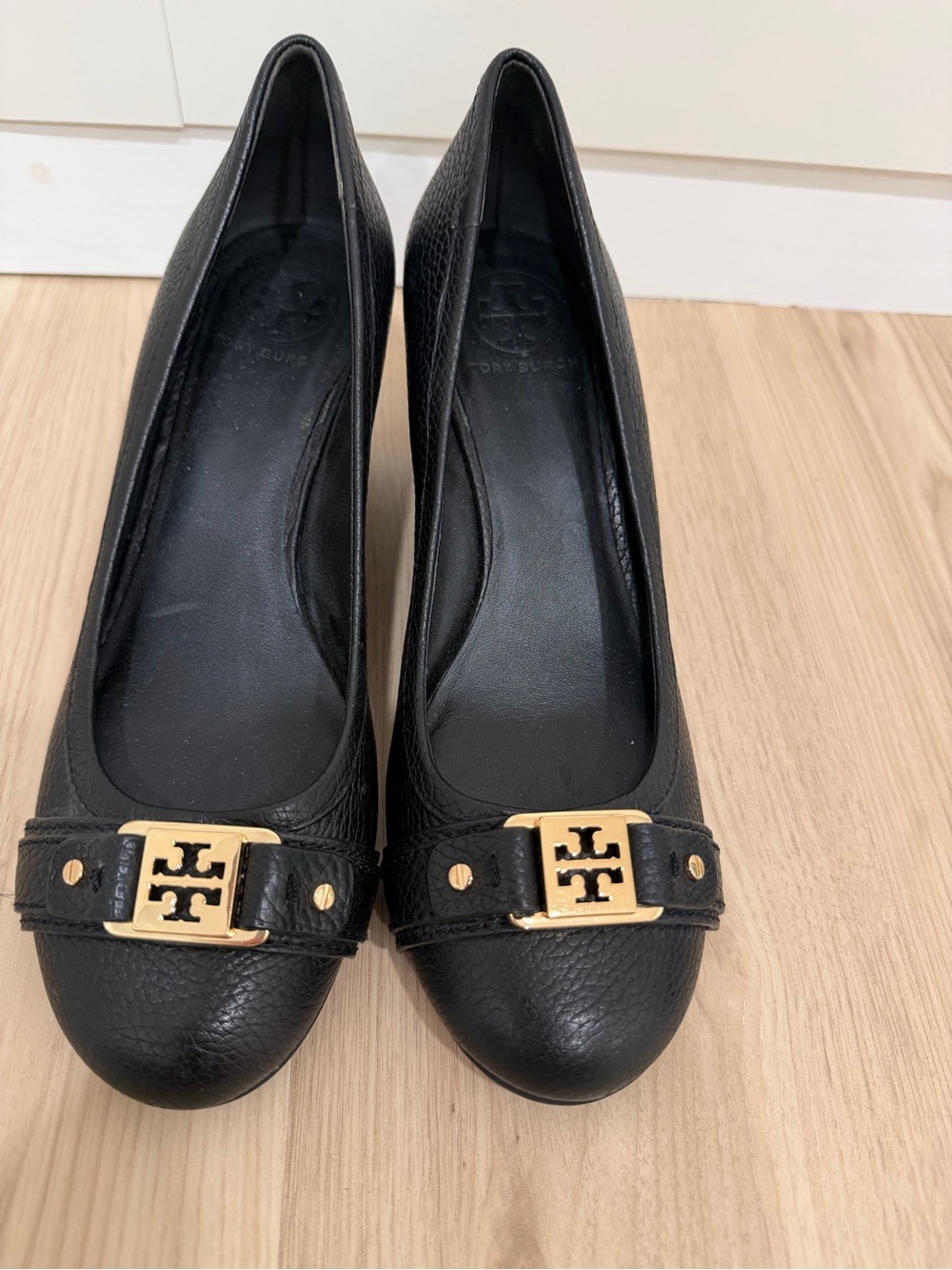Tory Burch Black Leather Logo wedge with Gold Emblem